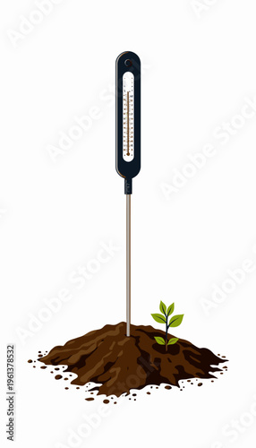 Digital soil thermometer inserted in freshly tilled soil to monitor temperature; young green sprout emerging, symbolizing growth and sustainable agriculture practices.
