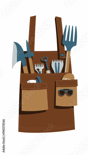 Illustration of a Gardening Apron with Various Tools in Pockets Including Forks, Trowels, and Pruning Shears for Outdoor Plant Maintenance