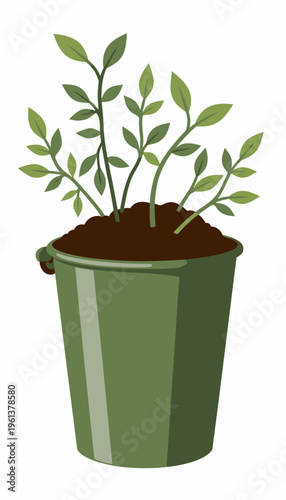 Illustration of Young Green Plant with Multiple Leaves Emerging from Soil in a Simple Green Pot on a White Background for Botanical Study