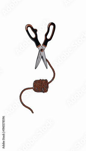 Illustration of Scissors Above a Coiled Golden Rope Showing the Concept of Cutting or Separation