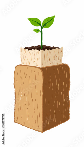 Illustration of a Young Green Plant Seedling Growing in a Brown Biodegradable Pot Emerging from Rich Soil Depicting Sustainable Organic Gardening