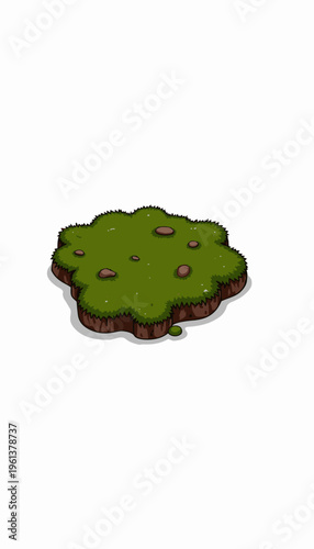 Illustration of a small patch of grass with earthy texture and scattered stones on a white background highlighting simplicity and natural beauty