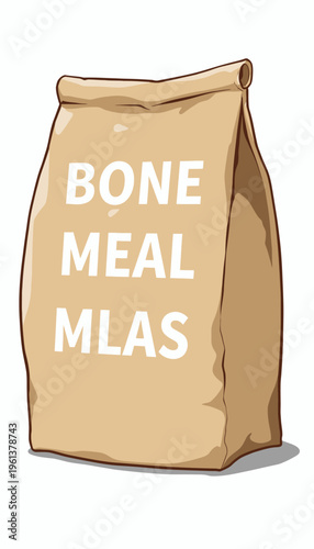Illustration of a brown sack labeled 'Bone Meal MLAS' emphasizing natural soil enrichment and gardening nutrients