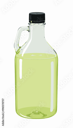 Transparent Glass Bottle with Black Screw Cap Filled with Light Green Liquid Illustration on White Background