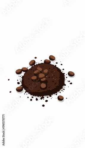 Heap of Freshly Ground Coffee Surrounded by Whole Dark Roast Beans on a Clean White Background Highlighting Rich Aroma and Texture