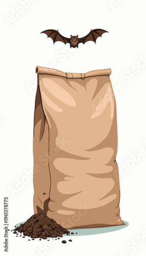 Illustration of a Flying Bat Hovering Above a Large Brown Sack with a Small Pile of Dark Soil Beside It