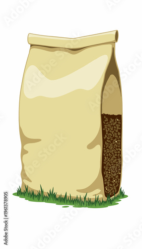 Illustration of a Large Brown Bag Filled with Coffee Beans Resting on a Patch of Green Grass in a Minimalist Style