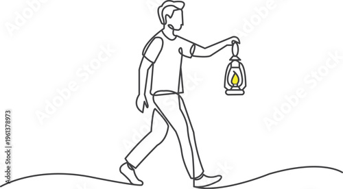  Continuous line illustration of a walking person holding a lantern