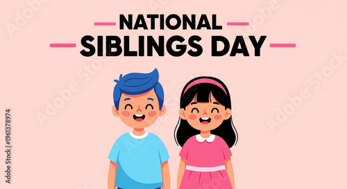 A cartoon illustration of a boy and girl celebrating National Siblings Day