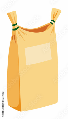 Illustration of a Sealed Brown Paper Bag with Green Bands for Packaging and Storage of Various Items or Materials in a Simple, Minimalist Design