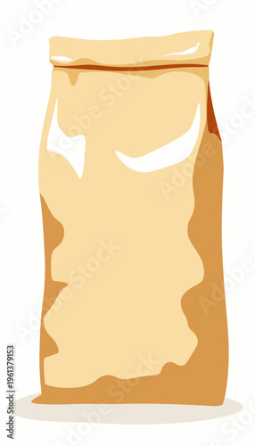Illustration of a brown paper bag, standing upright with a closed top, displaying a glossy and crinkled texture, commonly used for storing groceries or gifts