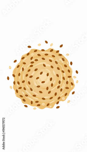 Illustration of a Circular Sesame Seed Bread with Crispy Textures and Golden Tones on a White Background Emphasizing its Nutritious Seeds Scattered Across the Surface