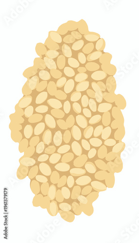 Close-up illustration of numerous scattered sesame seeds on a white background emphasizing texture, uniform shape, and natural color of individual seeds.