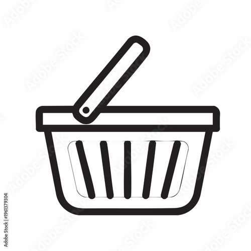 An outline illustration of a shopping basket with a handle on a white background.
