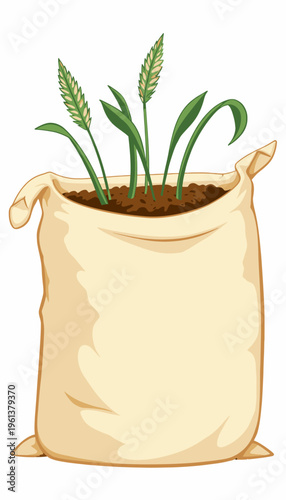 Illustration of a Burlap Sack Filled with Soil and Growing Green Plant Stems Sprouting from the Top