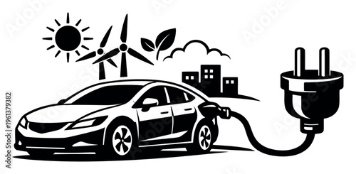 Electric car charging from a power plug symbol, integrating with sun, wind turbines, leaves, and a city skyline