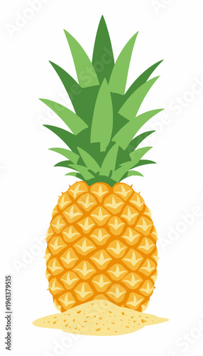 Illustration of a Whole Pineapple with Green Leaves and Textured Yellow Skin on a White Background