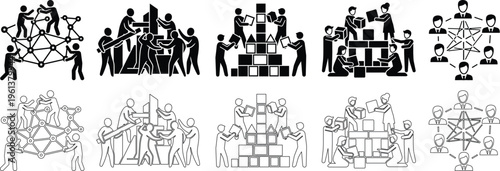 Teamwork collaboration and business people network icons set showing group cooperation strategy connection and project building vector silhouettes