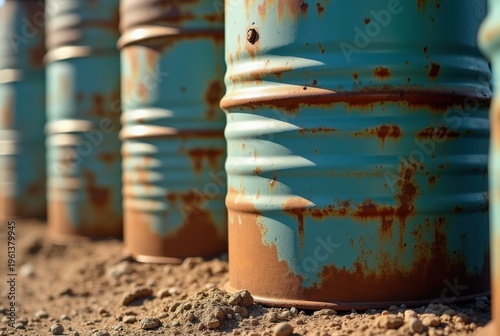 A close-up view of weathered and rusty metal barrels lined up on a dirt surface, showcasing their aged texture and color.