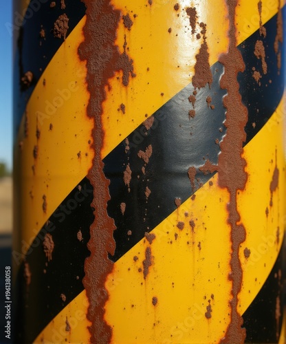 A close-up of a weathered pole featuring yellow and black stripes, showcasing rust and wear from exposure to the elements.