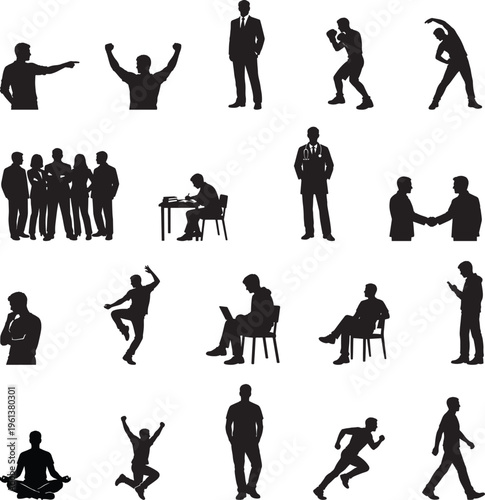 A collection of black vector silhouettes featuring a diverse set of people in action, including fashion models, business men, and sports dancers presented as artistic body outlines and icons