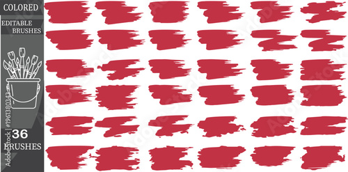 Red paint brushes, colored artistic brushes, 36 piece set, vector graphics