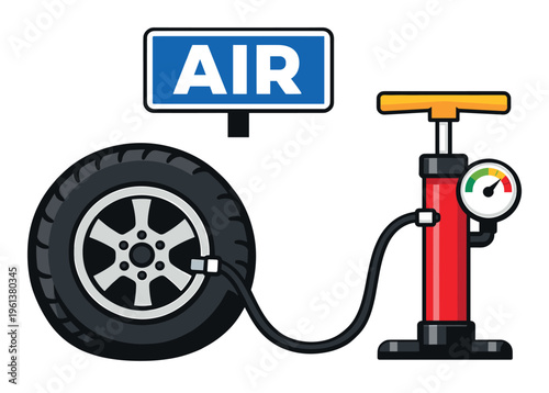 Air pump inflating a car tire with pressure gauge, under a blue AIR sign. Representing automotive service and maintenance