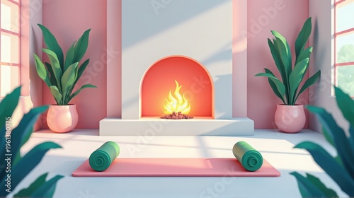 A serene and inviting yoga space featuring a glowing fireplace, yoga mats, and lush green plants.