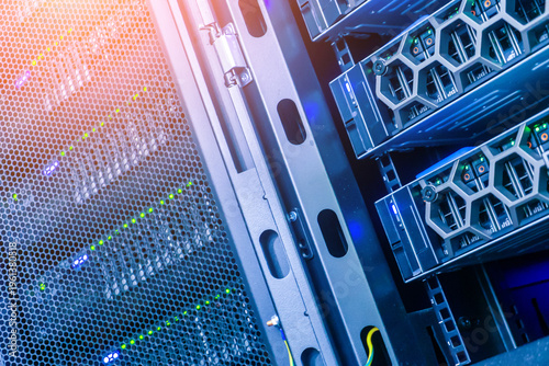 Close-Up View of Server Rack with Data Storage and Networking Equipment