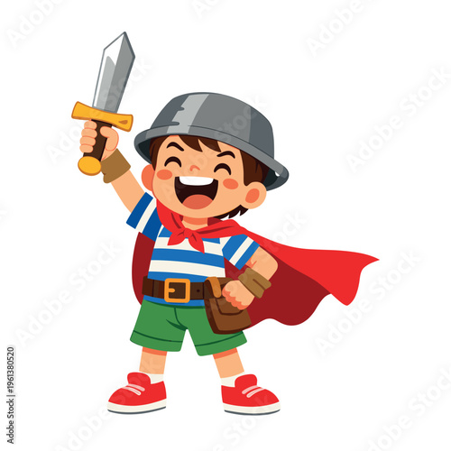 Young boy dressing up as a warrior, playing hero with a sword, cape, and helmet, celebrating childhood imagination