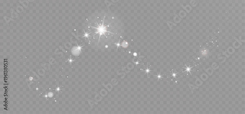 Sparkling white light trail with glowing stars and soft bokeh particles on transparent background. Elegant glitter effect forming a flowing curve, perfect for festive, magical, and decorative designs.