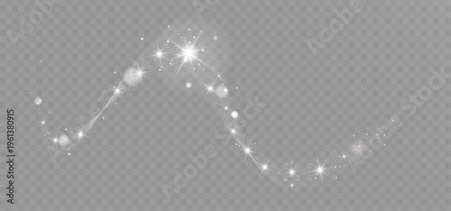 Elegant white sparkling wave with glowing stars and fine light lines on transparent background. Soft glitter particles form a flowing ribbon, ideal for festive, magical, and decorative designs.
