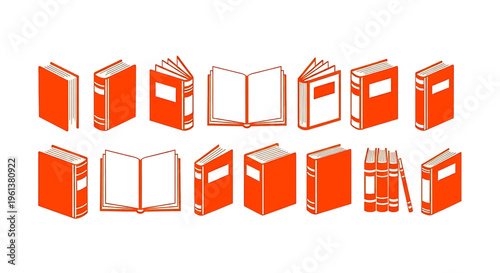 Collection of various red book illustrations in different orientations and states books icons graphics open closed spines reading education library