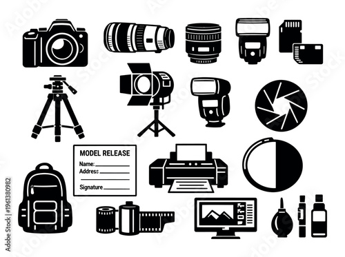 Collection of photography gear icons, showing essential tools for professional and amateur photographers, including release form