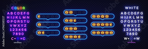 Neon crown rating bubbles with glowing gold symbols. Bright luxury score indicators on dark brick wall background create premium review concept