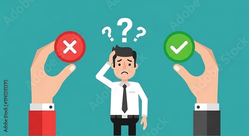 Cartoon image depicts a confused person facing choices represented by check and cross symbols