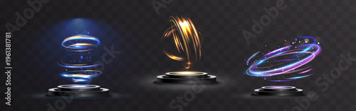 Futuristic glowing podiums with swirling neon light rings in blue, gold, and purple tones. Abstract energy platforms with dynamic motion, ideal for product display, sci-fi scenes.
