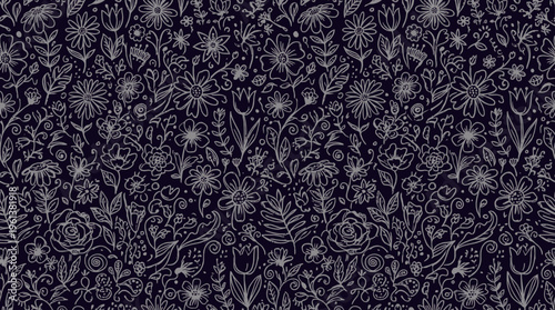 Intricate dark floral damask pattern with ornate botanical motifs for textiles and design.