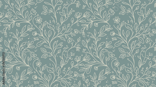 Intricate teal and white botanical pattern with flowing vines and leaves for wallpaper or textile design.
