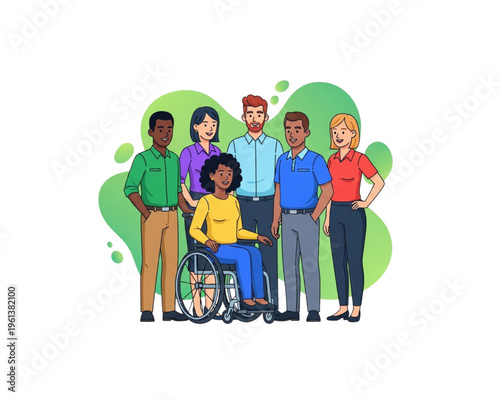 Diverse group of inclusive people standing with disabled woman in wheelchair. Multicultural team portrait representing equality, accessibility and community support. Flat vector illustration.