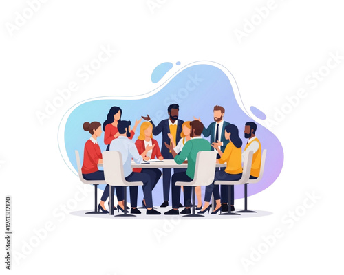 Diverse business team meeting around office table for brainstorming and strategy discussion. Multicultural employees collaborating in corporate workshop. Flat vector illustration of group teamwork.