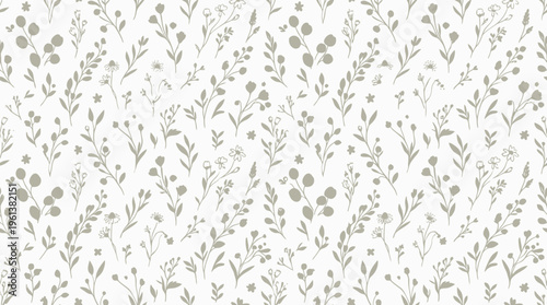 Soft gray botanical pattern with delicate leaf motifs on white background.