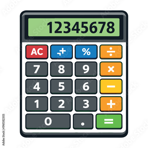 Digital calculator with a green screen and colorful buttons, calculating numbers for finance, education, and business