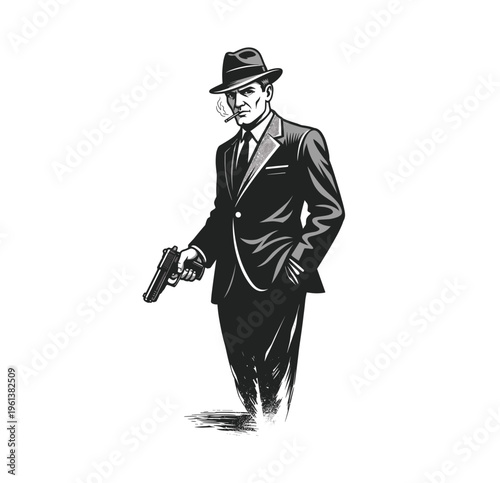Vintage Film Noir Style Detective Holding Handgun Smoking Cigarette Illustration - Black and White Line Art, engraving vector illustration. Scratch board imitation