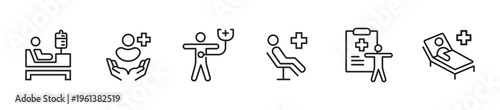 Set of line icons for medical care, physiotherapy, rehabilitation, patient support, hospital services, outpatient consultation, physical therapy exercises, caregiver assistance, medical records, hospi