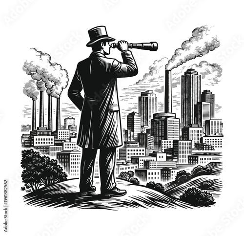Vintage Victorian Era Gentleman Observing Industrial Cityscape with Telescop Illustration - Black and White Line Art, engraving vector illustration. Scratch board imitation