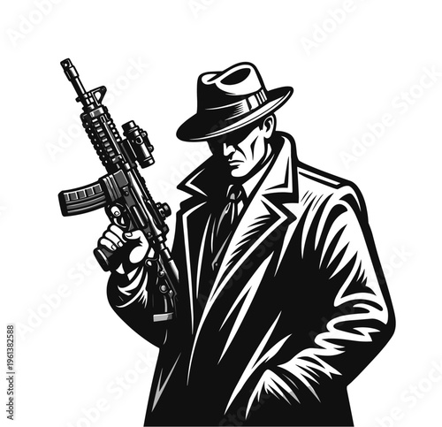 Vintage Tactical Mercenary or Secret Agent Holding Assault Rifle Noir Style Illustration - Black and White Line Art, engraving vector illustration. Scratch board imitation