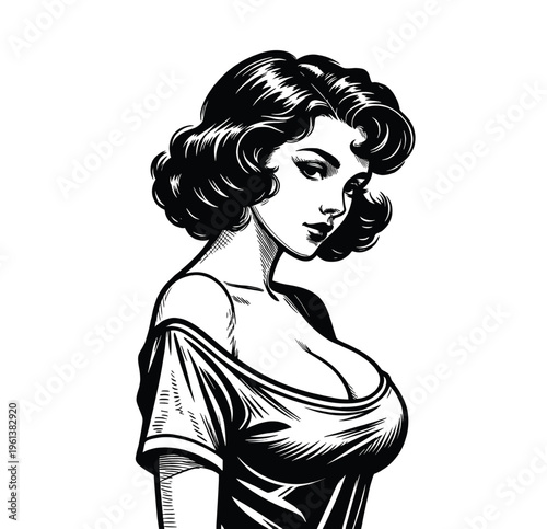 Vintage 1950s Style Pin-Up Woman Ink Illustration - Black and White Line Art, engraving vector illustration. Scratch board imitation