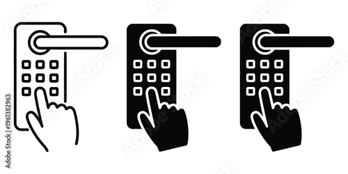 Smart door lock with hand pressing PIN code icon, digital security access concept, keypad entry for home or office, modern smart lock technology, minimal flat design, vector illustration isolated on 