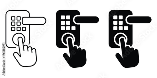 Smart door lock with hand pressing PIN code icon, touchpad security system for doors, PIN entry and access control concept, contemporary smart home design, vector illustration isolated on white.